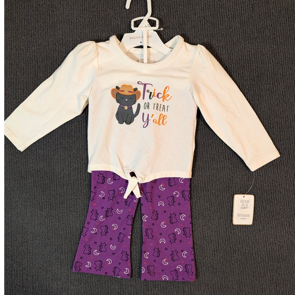 Magical Kids Halloween Black Cat Cowgirl Top and Flare Leggings Set 18M NEW